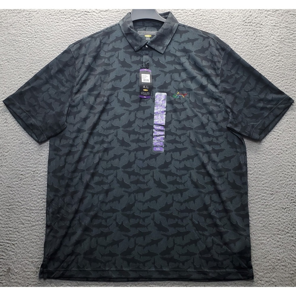 Greg Norman Golf Polo Shirt Men XXL Multi Shark AOP Performance Moisture Wicking